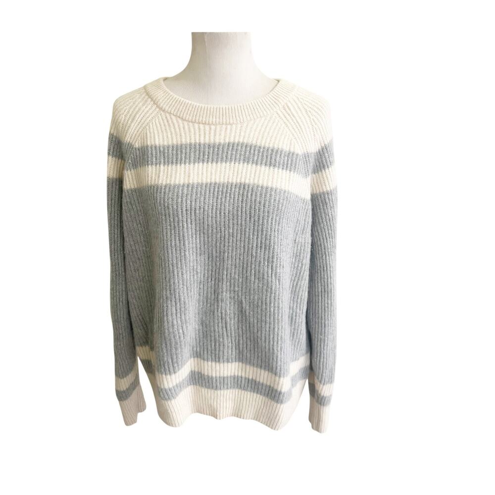J.CREW Sweater Women 2XL Cream Gray Striped Cashmere Ribbed Minimalist Old Money